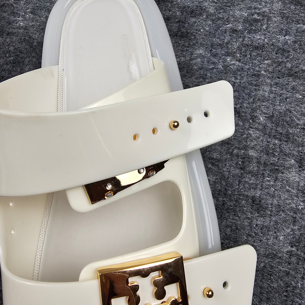 Tory Burch Buckle Bubble Jelly Slide Sandals Gold Logo New Ivory 8M - Picture 3 of 11